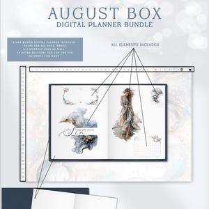 May include: August Box digital planner bundle featuring an open planner with watercolor illustrations of a person in a flowing dress, abstract blue shapes, and text that reads Currently out to Sea. Includes a monthly calendar and extra sections.