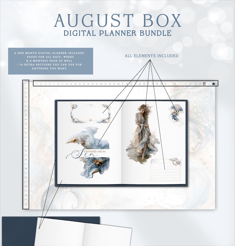 May include: August Box digital planner bundle featuring an open planner with watercolor illustrations of a person in a flowing dress, abstract blue shapes, and text that reads Currently out to Sea. Includes a monthly calendar and extra sections.