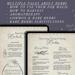 May include: Two pages of a guide to herbs, with a calendar on the top of each page. The left page is titled "Basic Guide to Herbal" and includes instructions for making a witch bottle. The right page is titled "Harvesting, Drying & Storing Herbs" and includes instructions for drying and storing herbs.