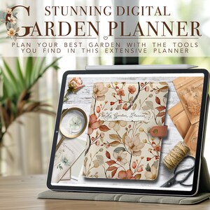 Puede incluir: Un planificador de jard&iacute;n digital en la pantalla de una tableta. La portada del planificador presenta un dise&ntilde;o floral con flores beige, marr&oacute;n y naranja sobre un fondo crema. El texto "My Garden Planner" est&aacute; escrito en la portada.