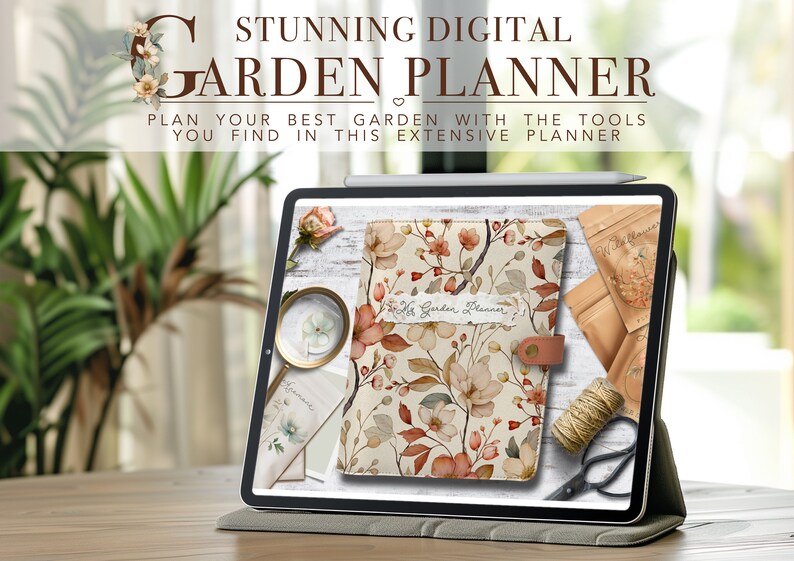 Puede incluir: Un planificador de jard&iacute;n digital en la pantalla de una tableta. La portada del planificador presenta un dise&ntilde;o floral con flores beige, marr&oacute;n y naranja sobre un fondo crema. El texto "My Garden Planner" est&aacute; escrito en la portada.