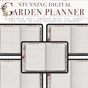 Puede incluir: Un planificador de jard&iacute;n digital con p&aacute;ginas para rastreadores de cosecha semanales, un registro mensual, un diario diario, un planificador de proyectos de jard&iacute;n y un diario de fotos de progreso. El planificador tiene un dise&ntilde;o floral con el texto "Stunning Digital Garden Planner" en la parte superior.