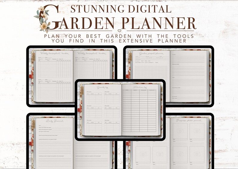 Puede incluir: Un planificador de jard&iacute;n digital con p&aacute;ginas para rastreadores de cosecha semanales, un registro mensual, un diario diario, un planificador de proyectos de jard&iacute;n y un diario de fotos de progreso. El planificador tiene un dise&ntilde;o floral con el texto "Stunning Digital Garden Planner" en la parte superior.