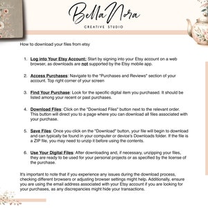 May include: A white and pink floral design with a teapot and a cup on a stack of books. The text "Bella Nora Creative Studio" is at the top of the image. The text "How to download your files from Etsy" is at the top of the page. The text below explains how to download digital files from Etsy.