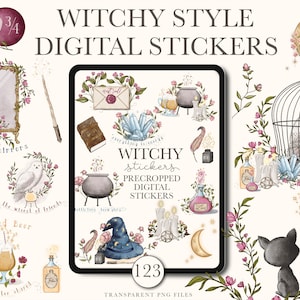Witchy digitale planner stickers voor GoodNotes, baby Witch vooraf bijgesneden digitale stickers, Witchy digitale stickers set, spirituele png-stickers