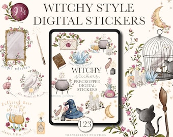 May include: A digital sticker set with a witchy theme. The stickers feature illustrations of a cauldron, a magic wand, a crystal, a cat, an owl, a moon, a potion bottle, a mirror, a cage, and more. The stickers are precropped and come in transparent PNG files.