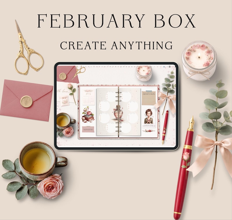 Puede incluir: Una composici&oacute;n plana con una agenda digital, art&iacute;culos de papeler&iacute;a y elementos decorativos. La imagen muestra una tableta con una agenda, un bol&iacute;grafo rojo, un sobre rosa, una taza de t&eacute; y una vela. El texto dice "FEBRUARY BOX CREATE ANYTHING."
