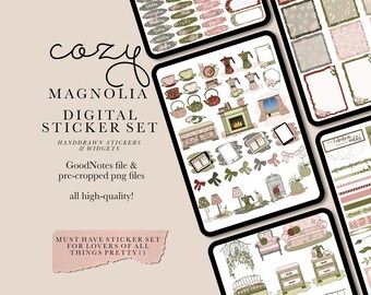 Puede incluir: Conjunto de pegatinas digitales con pegatinas y widgets dibujados a mano con un tema acogedor. El conjunto incluye archivos GoodNotes y archivos PNG precortados. Las pegatinas presentan varios elementos de decoración del hogar y estilo de vida.