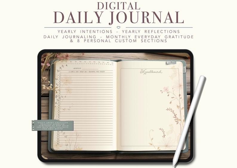 May include: A digital daily journal app open on a tablet with a stylus nearby. The journal has a floral design and includes sections for yearly intentions, reflections, daily journaling, monthly gratitude, and custom sections. The text "Moodboard" is visible on the right page.