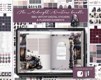 Paquete de pegatinas digitales de brujas, pegatinas góticas de acuarela para agenda, widgets de notas adhesivas de Halloween, fondos para diarios basura.
