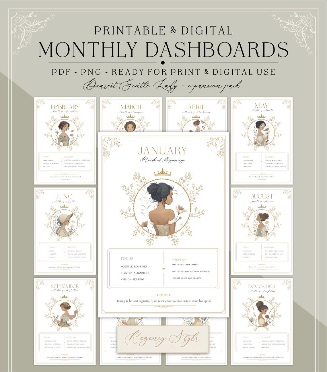 Regency Monthly Dashboards | Printable & Digital Planner Covers ...