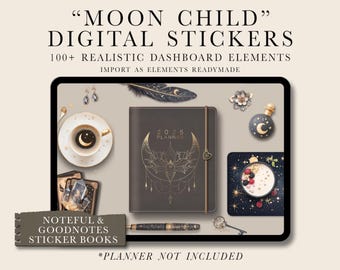 Realistyczna scena z Witchy Dashboard, naklejki do planera z motywem księżyca, naklejki do cyfrowego planera GoodNotes, naklejki do kreatora scen z Witchy Moon