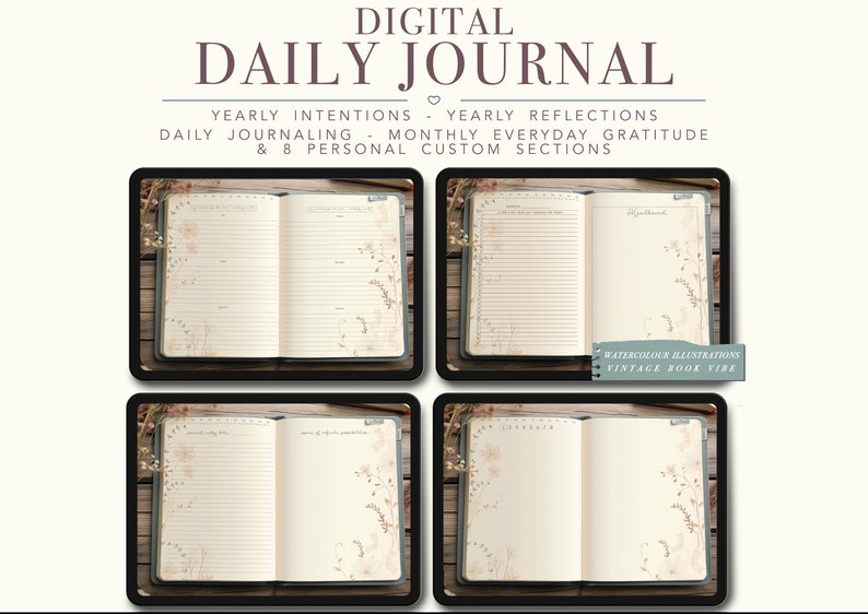 May include: Digital daily journal with a vintage book vibe. The journal has a watercolor floral design and includes sections for yearly intentions, reflections, daily journaling, monthly gratitude, and personal custom sections.