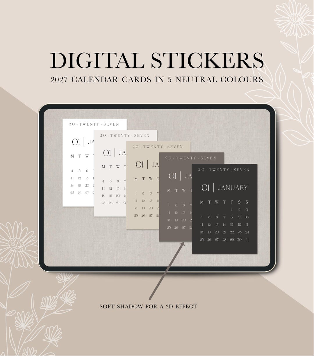 2027 Mini Calendar Stickers, Digital Planner Stickers, Neutral ...