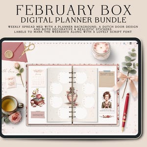 Puede incluir: Un paquete de planificador digital con el texto "FEBRUARY BOX DIGITAL PLANNER BUNDLE". El planificador presenta una distribuci&oacute;n semanal, un dise&ntilde;o de puerta holandesa, pegatinas decorativas y etiquetas. La imagen incluye un bol&iacute;grafo, una vela y otros art&iacute;culos de papeler&iacute;a.