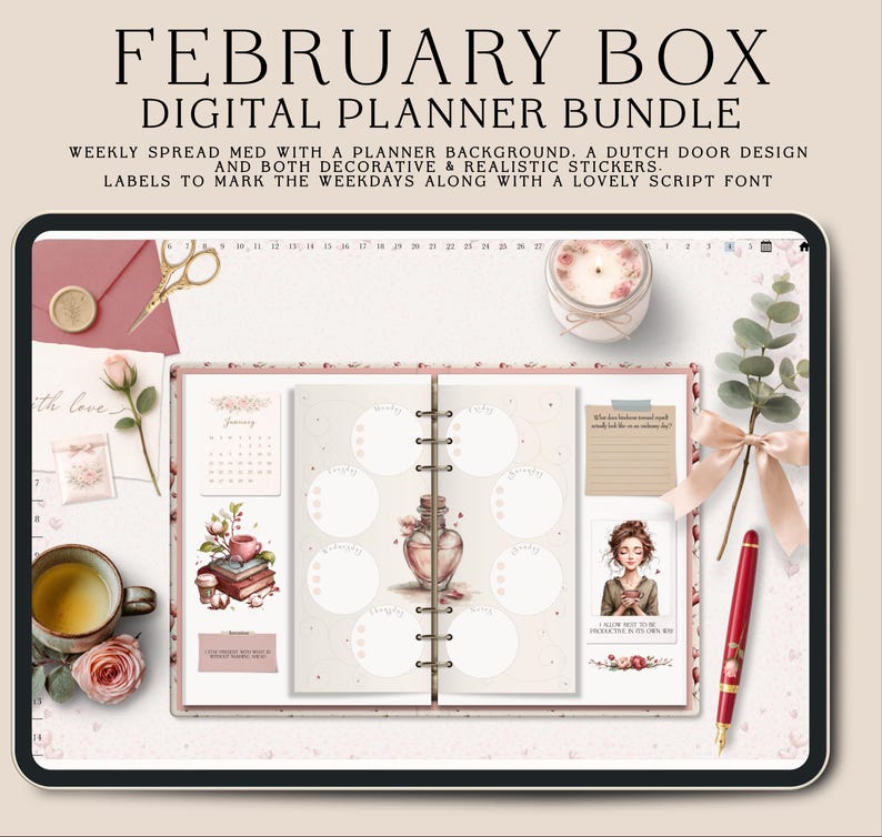 Puede incluir: Un paquete de planificador digital con el texto "FEBRUARY BOX DIGITAL PLANNER BUNDLE". El planificador presenta una distribuci&oacute;n semanal, un dise&ntilde;o de puerta holandesa, pegatinas decorativas y etiquetas. La imagen incluye un bol&iacute;grafo, una vela y otros art&iacute;culos de papeler&iacute;a.