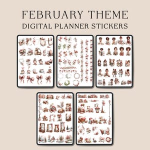 Peut inclure: Autocollants numériques pour planificateur sur le thème de février. L'image montre cinq tablettes numériques affichant diverses illustrations à l'aquarelle, notamment des compositions florales, des nœuds et des personnages. Le texte "FEBRUARY THEME DIGITAL PLANNER STICKERS" est en haut.