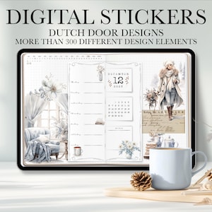 May include: Digital stickers featuring a Dutch door design with a calendar, a window scene, and a woman in a winter coat. The stickers are in a light blue and white color scheme with a floral theme. The text "December 12th" is visible on the calendar.