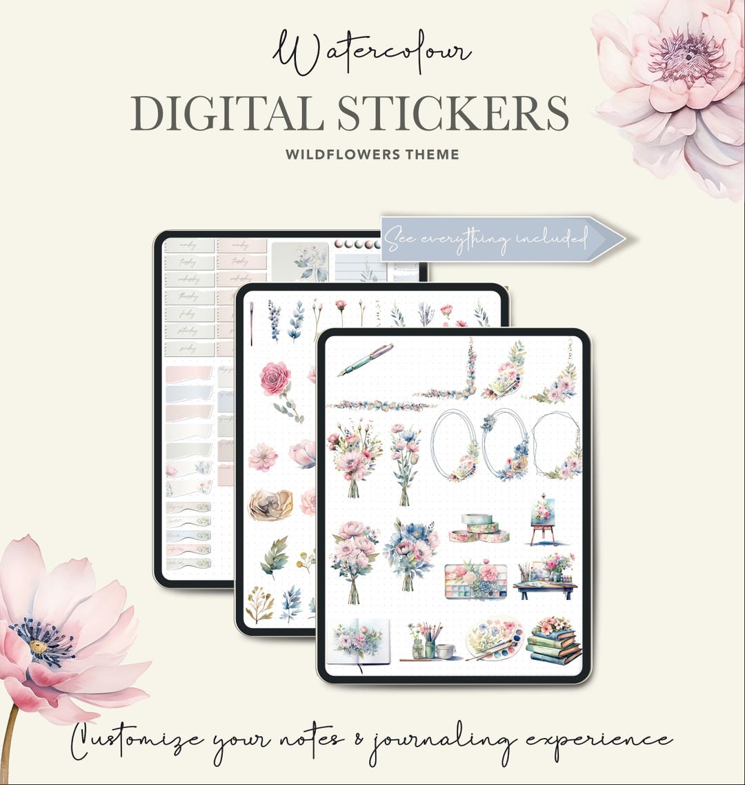 Watercolor Digital Noteful Planner Stickers | Goodnotes Wildflower iPad ...