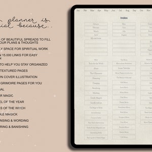 May include: A digital planner with a beige background and a white index page. The index page has a list of months and topics, including "Tools for the Witch", "Lunar Calendar", "The Wheel of the Year", and "Candle Magick". The planner is designed for spiritual work and includes 505 pages.