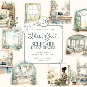 May include: A digital illustration set of 120 watercolor clipart images featuring various self-care dream spaces. The images include a bathtub, a window with a view, a desk with a computer, and a chair. The images are in a soft, pastel color palette and are perfect for creating digital planners, journals, and other creative projects.