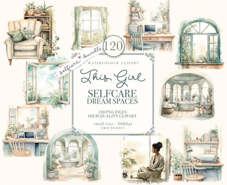 May include: A digital illustration set of 120 watercolor clipart images featuring various self-care dream spaces. The images include a bathtub, a window with a view, a desk with a computer, and a chair. The images are in a soft, pastel color palette and are perfect for creating digital planners, journals, and other creative projects.