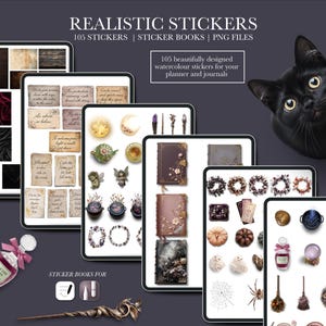 May include: Digital sticker set featuring watercolor designs for planners and journals. The set includes 105 stickers with various themes, such as vintage books, moons, potions, and floral wreaths. The image also includes a black cat and the text "REALISTIC STICKERS".