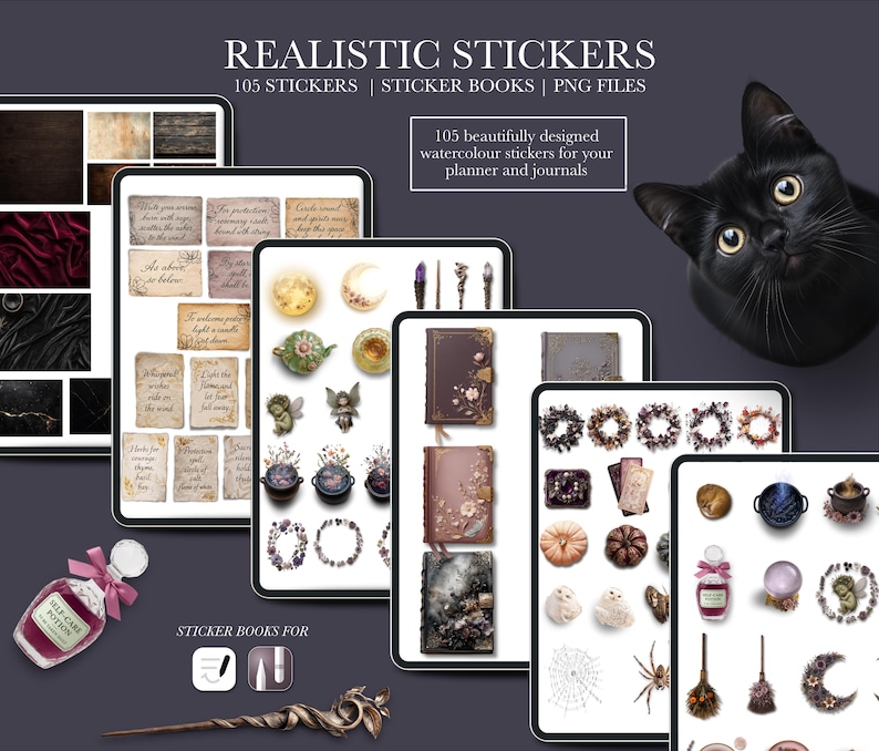 May include: Digital sticker set featuring watercolor designs for planners and journals. The set includes 105 stickers with various themes, such as vintage books, moons, potions, and floral wreaths. The image also includes a black cat and the text "REALISTIC STICKERS".