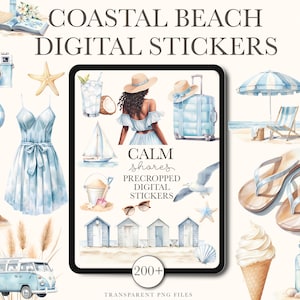Stickers plage côtiers numériques pour agenda, Stickers Calm Ocean Shores GoodNotes, Stickers pour carnet de voyage d'été, Stickers Beach Notability