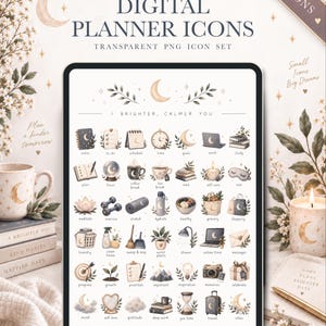 Könnte beinhalten: Ein digitales Planer-Icon-Set mit 42 transparenten PNG-Bildern auf einem Tablet-Bildschirm. Die Icons zeigen Illustrationen von Monden, Sternen, Büchern, Kaffee, Pflanzen und verschiedenen täglichen Aufgaben, die alle mit Text in einer neutralen Farbpalette versehen sind.