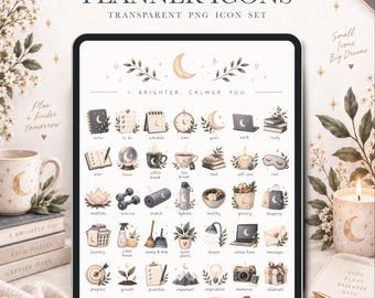 Digital Planner Icons, 42 Functional PNG Stickers for GoodNotes & Noteful, Neutral Celestial Moon Icon Set, Self Care and Wellness Planning