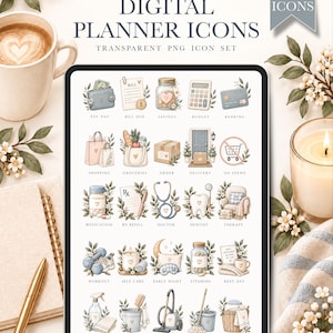 Könnte beinhalten: Ein digitales Planer-Icon-Set mit 51 transparenten PNG-Icons auf einem Tablet-Bildschirm. Die Illustrationen zeigen eine Geldbörse, eine Rechnung, ein Sparschwein, einen Taschenrechner, eine Kreditkarte, Einkaufstaschen, Lebensmittel, ein Paket, eine Tür, ein Verbotssymbol, Medikamente, ein Rezept, ein Stethoskop, einen Zahn, einen Sessel, eine Hantel, eine Kerze, einen Mond, Vitamine, Reinigungsmittel, einen Staubsauger, einen Wischmopp und einen Wäschekorb.