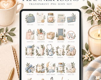 Digital Planner Icons, 51 Functional PNG Stickers for GoodNotes & Noteful, Neutral Journaling Icon Set, Self Care and Wellness Planning