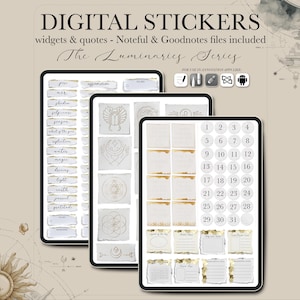 Puede incluir: Pegatinas digitales para planificación digital, con widgets, citas y archivos Noteful & Goodnotes. La serie Luminaries incluye pegatinas con palabras como "fuego", "agua" y "gratitud", además de pegatinas de calendario.
