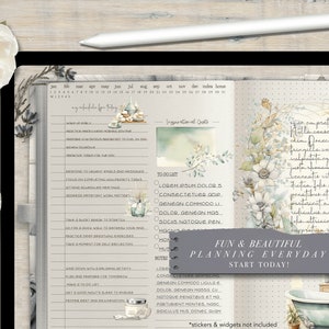 Puede incluir: Una página de planificador digital con fondo gris y líneas punteadas blancas. La página está dividida en dos secciones. La sección izquierda tiene una lista de tareas diarias y la sección derecha tiene una cita inspiradora. La página está decorada con ilustraciones de acuarela de flores y una bañera.