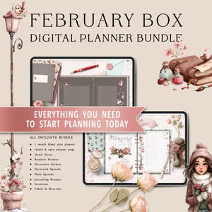 Puede incluir: Paquete de planificador digital con el texto "FEBRUARY BOX DIGITAL PLANNER BUNDLE". La imagen muestra dos tabletas que muestran p&aacute;ginas de planificador, junto con elementos decorativos como flores, un p&aacute;jaro y una farola. El texto "EVERYTHING YOU NEED TO START PLANNING TODAY" tambi&eacute;n es visible.