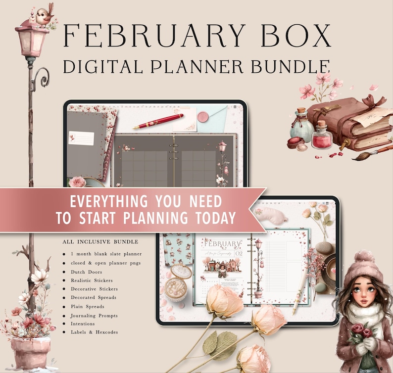 Puede incluir: Paquete de planificador digital con el texto "FEBRUARY BOX DIGITAL PLANNER BUNDLE". La imagen muestra dos tabletas que muestran p&aacute;ginas de planificador, junto con elementos decorativos como flores, un p&aacute;jaro y una farola. El texto "EVERYTHING YOU NEED TO START PLANNING TODAY" tambi&eacute;n es visible.