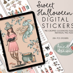 May include: A digital sticker set featuring a witch with a black cat, a dragon, and a cauldron. The stickers are hand-drawn and perfect for adding a touch of whimsy to your planner, journal, or digital notes. The set includes over 200 stickers, all pre-cropped for easy use in Goodnotes and other note-taking apps.