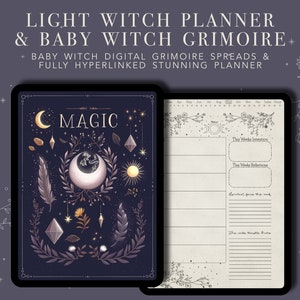 May include: A digital planner and grimoire for baby witches. The cover features a dark blue background with a crescent moon, stars, and crystals. The text "MAGIC" is written in gold lettering. The planner includes sections for weekly intentions, reflections, and spiritual goals.