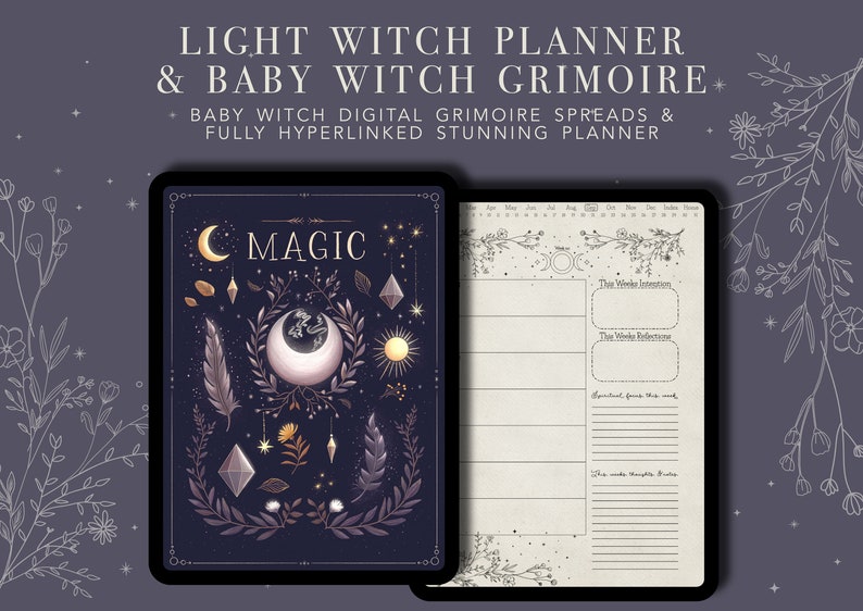 May include: A digital planner and grimoire for baby witches. The cover features a dark blue background with a crescent moon, stars, and crystals. The text "MAGIC" is written in gold lettering. The planner includes sections for weekly intentions, reflections, and spiritual goals.
