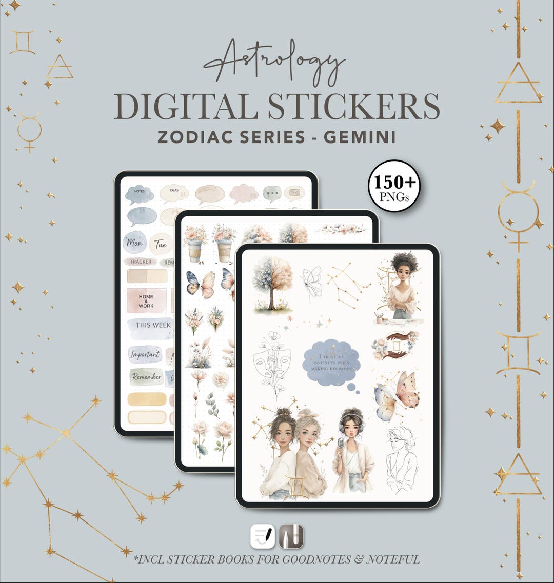 Gemini Digital Stickers for Goodnotes & Noteful, Zodiac Planner ...