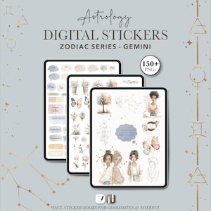 May include: Digital sticker set for astrology enthusiasts. The image shows three tablets displaying digital stickers with a Gemini theme. The stickers include illustrations of flowers, butterflies, and zodiac symbols. The text on the image reads "Astrology DIGITAL STICKERS ZODIAC SERIES - GEMINI".