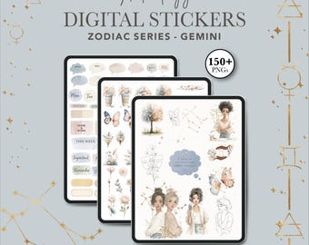 Gemini Digital Stickers for GoodNotes & Noteful, Zodiac Planner Stickers, Aesthetic Watercolor Planner Kit, 150+ PNG Stickers Bundle