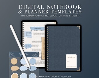 May include: A digital notebook and planner template for iPads and tablets. The template features a blue cover with a textured fabric design and a gold spiral binding. The cover also has a white label with the word "NOTEBOOK" printed on it. The image also shows a close-up of a page from the notebook, which includes a variety of notes, stickers, and other elements.