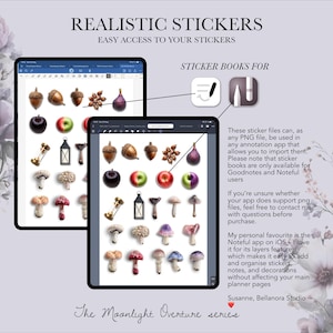 May include: Two digital tablets displaying realistic sticker designs, including acorns, apples, mushrooms, and lanterns. The text reads "Realistic Stickers" and "Easy Access to Your Stickers". The stickers are designed for use in annotation apps.