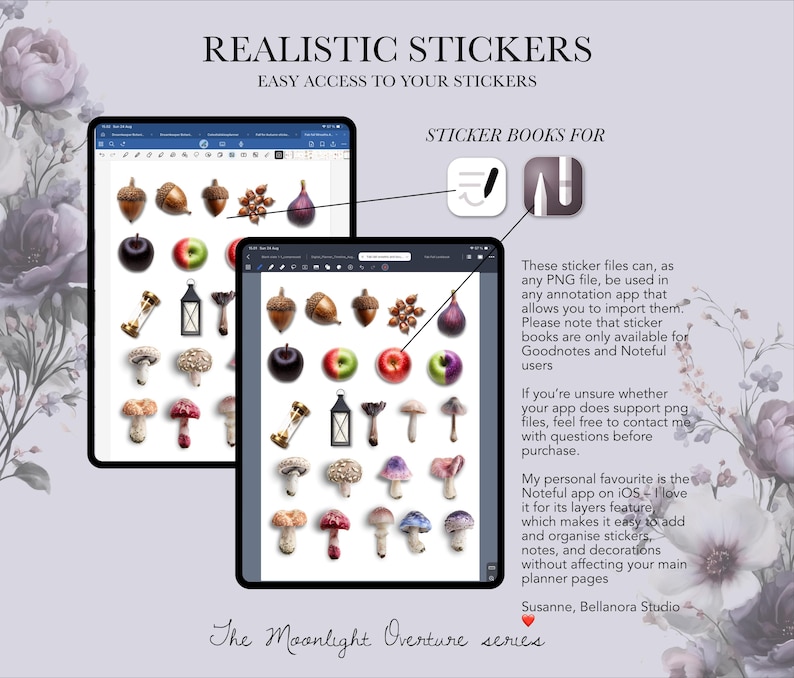May include: Two digital tablets displaying realistic sticker designs, including acorns, apples, mushrooms, and lanterns. The text reads "Realistic Stickers" and "Easy Access to Your Stickers". The stickers are designed for use in annotation apps.