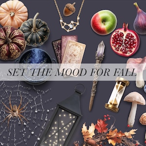 May include: An assortment of fall-themed items, including pumpkins, a spider web, a lantern, and mushrooms, arranged on a dark background. The text "SET THE MOOD FOR FALL" is displayed across the image. A necklace, tarot cards, and fruit are also present.