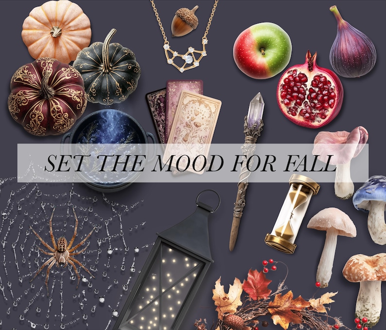 May include: An assortment of fall-themed items, including pumpkins, a spider web, a lantern, and mushrooms, arranged on a dark background. The text "SET THE MOOD FOR FALL" is displayed across the image. A necklace, tarot cards, and fruit are also present.