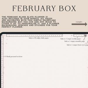 Puede incluir: Planificador digital con el texto "FEBRUARY BOX". El planificador incluye enlaces a p&aacute;ginas diarias, semanales y mensuales, as&iacute; como 14 secciones personales en blanco. El fondo tiene un sutil dise&ntilde;o de copo de nieve.
