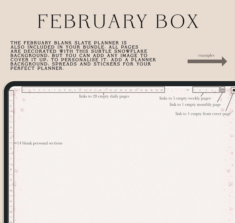 Puede incluir: Planificador digital con el texto "FEBRUARY BOX". El planificador incluye enlaces a p&aacute;ginas diarias, semanales y mensuales, as&iacute; como 14 secciones personales en blanco. El fondo tiene un sutil dise&ntilde;o de copo de nieve.